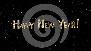 Happy New Year words from gold particles formed on a holiday animated background.