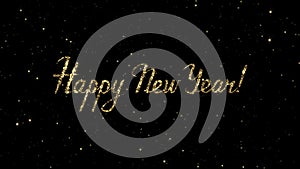 Happy New Year words from gold particles formed on a holiday animated background.