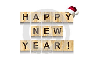 Happy New Year. Words made up of alphabet on wooden cubes. White background. Isolated. Christmas, New Year background