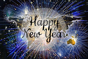 Happy new Year worl map fireworks celebration background