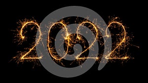 Happy New Year 2022 written with bengal fire, sparkler fireworks candle isolated on a black background