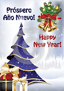 Happy New Year written in Spanish and English - greeting card