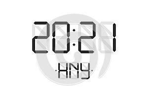 Happy New Year xmas holiday card with digital lcd electronic display clock number 2021 and HNY black letters on white