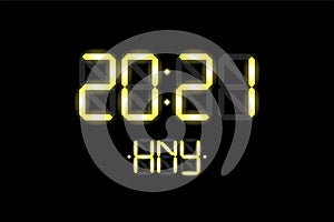 Happy New Year xmas holiday card with digital lcd electronic display clock number 2021 and HNY gold letters on black