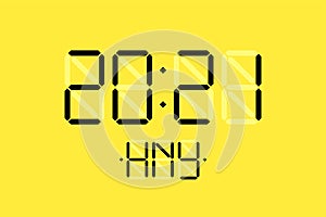 Happy New Year xmas holiday card with digital lcd electronic display clock number 2021 and HNY letters on yellow
