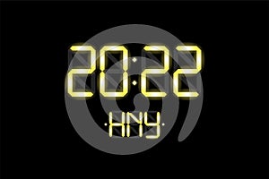 Happy New Year xmas holiday card with digital lcd electronic display clock number 2022 and HNY gold letters on black