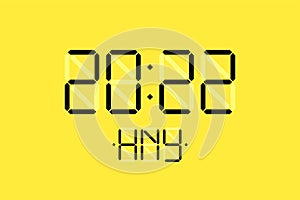 Happy New Year xmas holiday card with digital lcd electronic display clock number 2022 and HNY letters on yellow