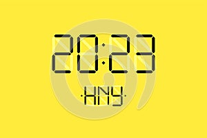 Happy New Year xmas holiday card with digital lcd electronic display clock number 2023 and HNY black letters on yellow