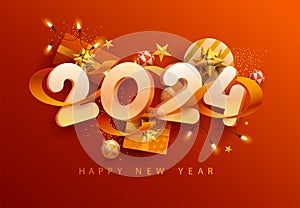 Happy New Years 2024. Greeting card design with 3D numeral, ribbon, gift boxes and christmas decoration.