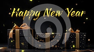 Happy new years greetings with golden text on Black and gold gift boxes on black background.