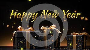 Happy new years greetings with golden text on Black and gold gift boxes on black background.