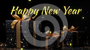 Happy new years greetings with golden text on Black and gold gift boxes on black background.