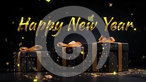 Happy new years greetings with golden text on Black and gold gift boxes on black background.