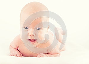 Happy newborn baby on white background