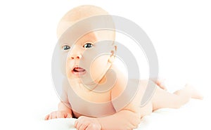 Happy newborn baby on white background