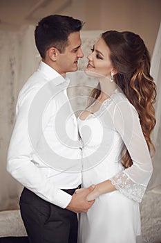 Happy newlywed couple wedding portrait. Beautiful bride and hand