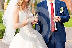 Happy newlyweds couple drink white wedding champagne wine. Hands of bride and groom with golden rings on fingers toast