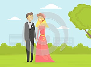 Happy Newlyweds Couple, Romantic Bride and Groom Characters on Summer Natural Landscape Vector Illustration