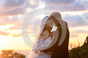 Happy newlyweds hugging against the background of a backlit sunset