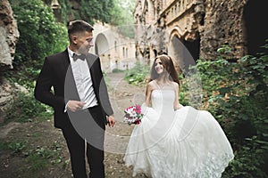 Happy newlyweds near the ancient castle on the walk