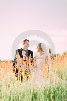 Happy newlyweds spending their time in the field of wheats.