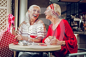 Happy nice women laughing together in the restaurant