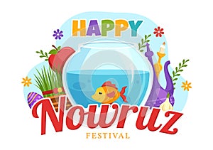 Happy Nowruz Day or Iranian New Year Illustration with Grass Semeni and Fish for Web Banner or Landing Page in Flat Cartoon Hand