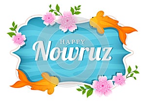 Happy Nowruz Day or Iranian New Year Illustration with Grass Semeni and Fish for Web Banner or Landing Page in Flat Cartoon Hand