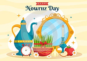 Happy Nowruz Day or Iranian New Year Illustration with Grass Semeni and Fish for Web Banner or Landing Page in Flat Cartoon Hand