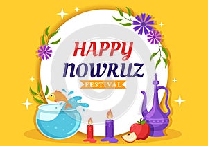 Happy Nowruz Day or Iranian New Year Illustration with Grass Semeni and Fish for Web Banner or Landing Page in Flat Cartoon Hand