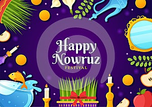 Happy Nowruz Day or Iranian New Year Illustration with Grass Semeni and Fish for Web Banner or Landing Page in Flat Cartoon Hand