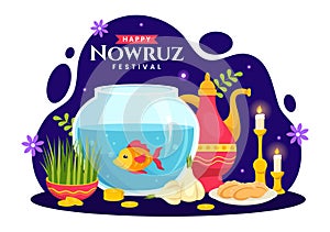 Happy Nowruz Day Vector Illustration. Translation: Persian New Year, on 20 March with Glass, Fish, Ornaments Eggs and Grass Semeni