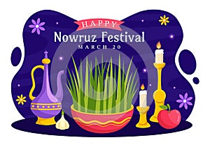 Happy Nowruz Day Vector Illustration. Translation: Persian New Year, on 20 March with Glass, Fish, Ornaments Eggs and Grass Semeni