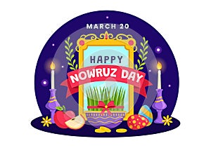 Happy Nowruz Day Vector Illustration. Translation: Persian New Year, on 20 March with Glass, Fish, Ornaments Eggs and Grass Semeni