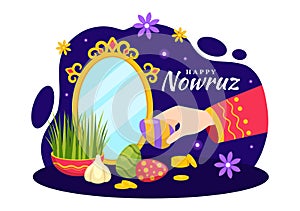 Happy Nowruz Day Vector Illustration. Translation: Persian New Year, on 20 March with Glass, Fish, Ornaments Eggs and Grass Semeni