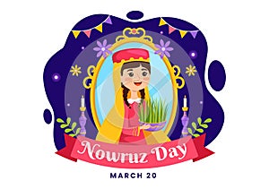 Happy Nowruz Day Vector Illustration. Translation: Persian New Year, on 20 March with Glass, Fish, Ornaments Eggs and Grass Semeni