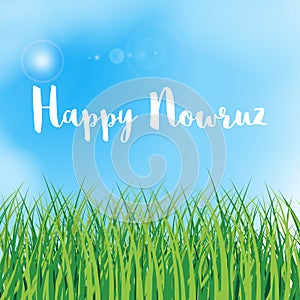 Happy Nowruz greeting card. Iranian, Persian New Year. March equinox. Green grass field. Blue sky with clouds. photo