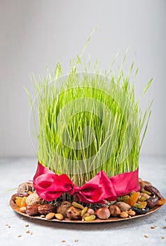 Happy Nowruz holiday background. Celebrating  various dried fruits, nuts, seeds, light background with green grass wheat, copy