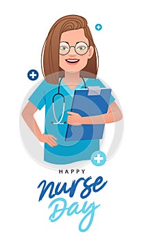 Happy nurse day. Beautiful young woman nurse is wearing glasses, with a stethoscope and a patient\'s chart in her hand