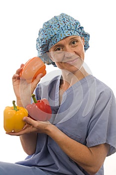 Happy nurse doctor healthy vegetables food