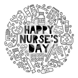 Happy nurse`s day. Lettering with doodles