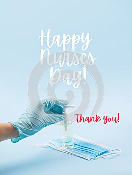 Happy nurses day greeting card on blue. Thank you.