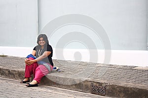 Happy Obese Lady Relaxing After Morning Walk