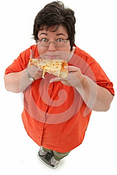 Happy Obese Woman on Scale with Pizza