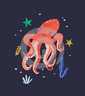 Happy octopus isolated on dark background. Lovely marine animal, cute funny mollusc, seabed dweller, underwater creature photo