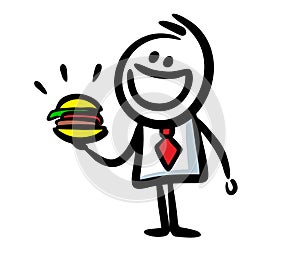 Happy office worker with big burger in his hand.