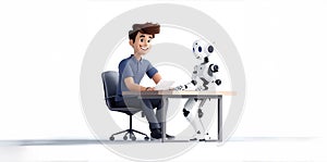 Happy Office Worker Collaborating with Robot Assistant on Tasks. Generated image photo