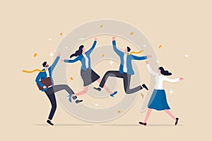 Happy office workers, joyful staff or employee success, team or colleague celebrate work achievement together, diverse, excited