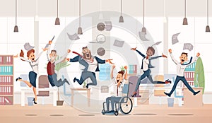 Happy Office Workers Jumping. Vector Illustration.