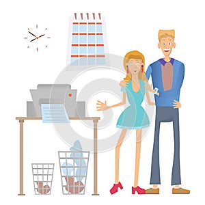 Happy office workers stand at the copier or printer. Man and Woman in the workplace. Vector illustration, isolated on